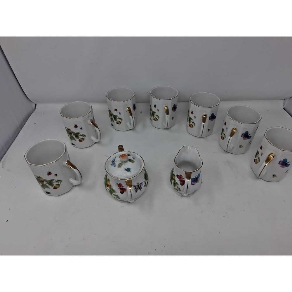 Set Ardalt Japan Cream&Covered Sugar set with 7cups Buttcmerflies&Strawberries A - Picture 2 of 16